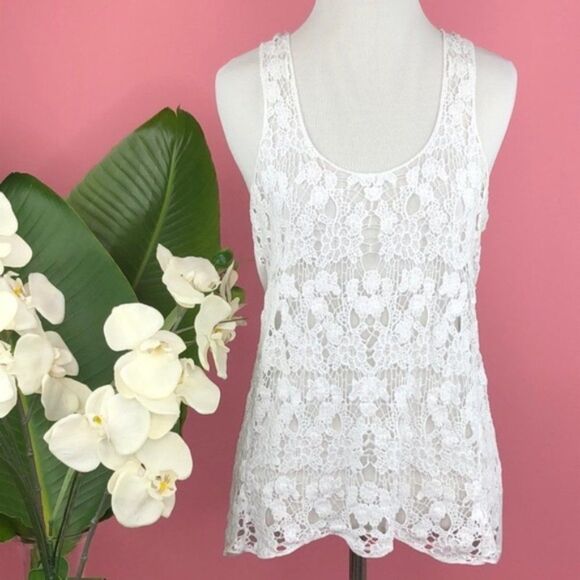 Arden B White Crochet Floral Lace Spring Summer Tank Top - Picture 9 of 9